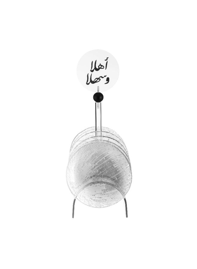 دانيا مجموعة أطباق حلويات زجاجية شفافة مع حامل أكريليك فاخر – 6 قطع بتصميم راقٍ “أهلاً وسهلاً” | مثالية للضيافة والتقديم الأنيق 🍰🤍 - Image 2