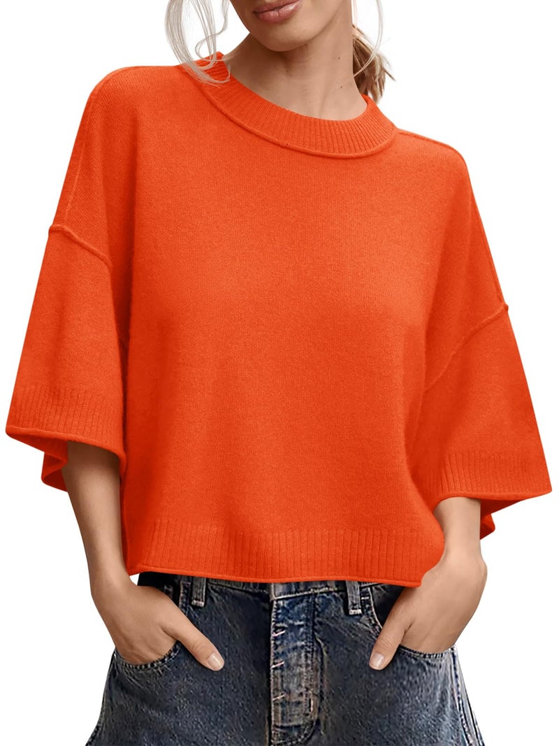Saodimallsu Womens Short Sleeve Sweater Summer Oversized Cropped Sweaters Casual Crewneck Lightweight Knit Tops Orange - Image 1