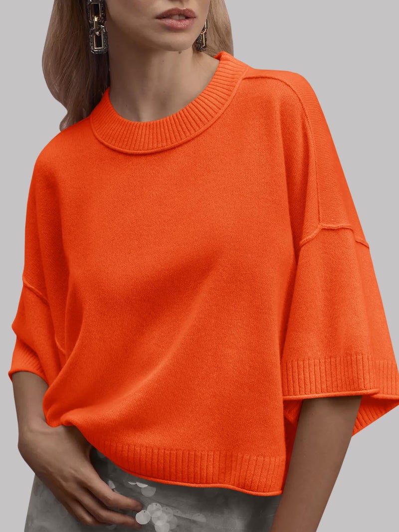 Saodimallsu Womens Short Sleeve Sweater Summer Oversized Cropped Sweaters Casual Crewneck Lightweight Knit Tops Orange - Image 2