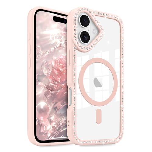 LCHULLE for iPhone 16 Plus Case Magnetic Clear Glitter Diamond Rhinestones for Women Girls Compatible with MagSafe Shiny Sparkle Soft TPU Bumper Shockproof Phone Case for iPhone 16 Plus Baby Pink - Image 1