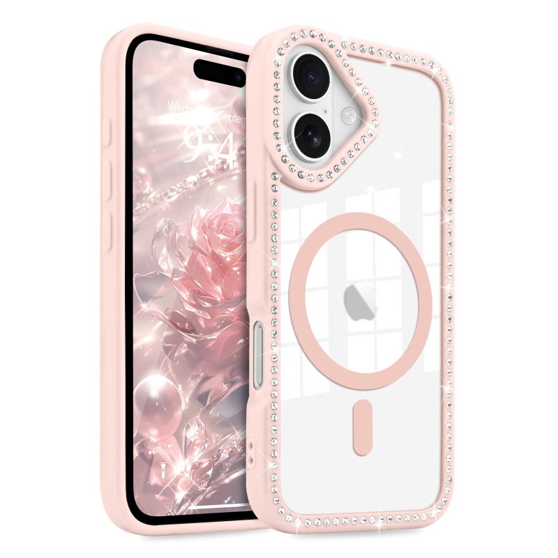 LCHULLE for iPhone 16 Plus Case Magnetic Clear Glitter Diamond Rhinestones for Women Girls Compatible with MagSafe Shiny Sparkle Soft TPU Bumper Shockproof Phone Case for iPhone 16 Plus Baby Pink - Image 3