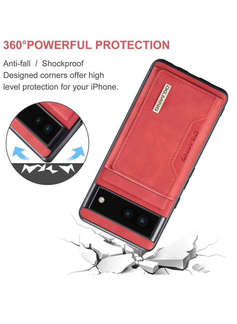 DGMING Wallet Case for Google Pixel 7, DG.MING Premium Leather Phone Case Back Cover Magnetic Detachable with Trifold Wallet Card Holder Pocket (Red)  - Image 5