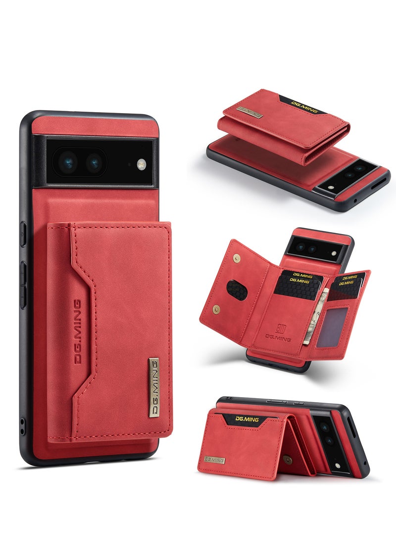 DGMING Wallet Case for Google Pixel 7, DG.MING Premium Leather Phone Case Back Cover Magnetic Detachable with Trifold Wallet Card Holder Pocket (Red)  - Image 2