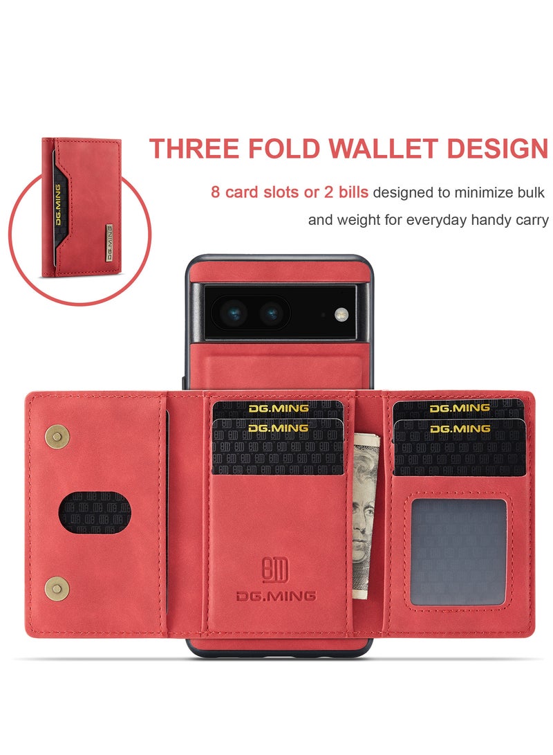 DGMING Wallet Case for Google Pixel 7, DG.MING Premium Leather Phone Case Back Cover Magnetic Detachable with Trifold Wallet Card Holder Pocket (Red)  - Image 3