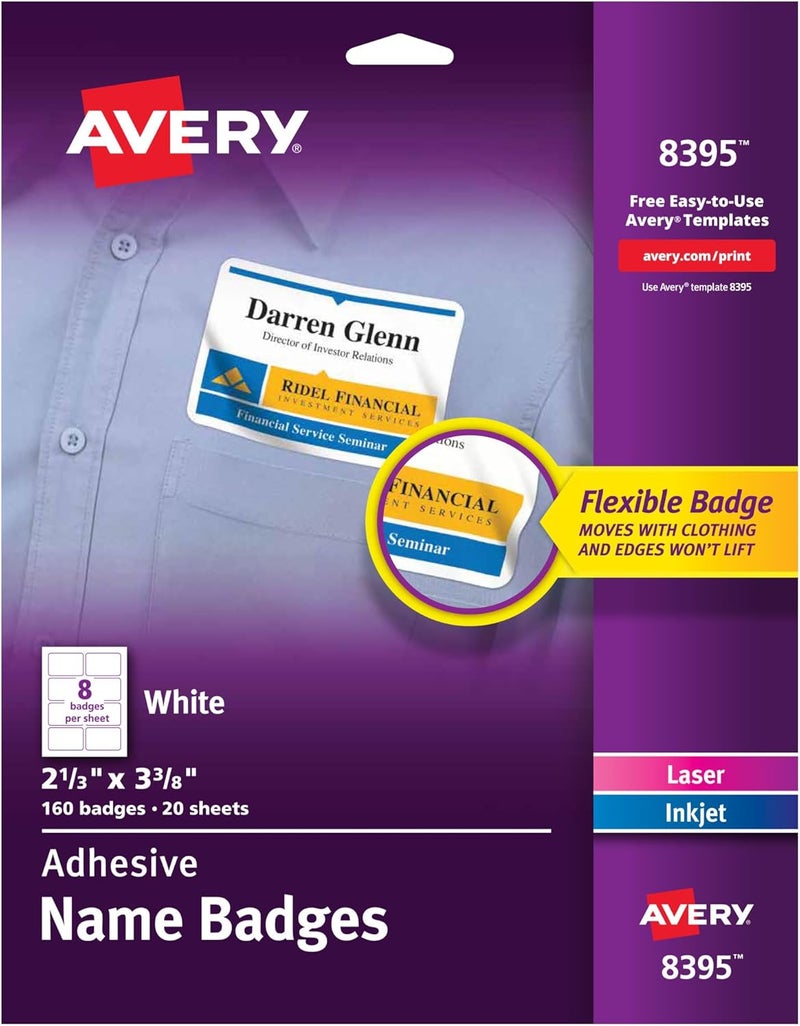 AVERY Premium Personalized Name Tags, Print or Write, 2-1/3" x 3-3/8", 160 Adhesive Tags (8395),white - Image 1