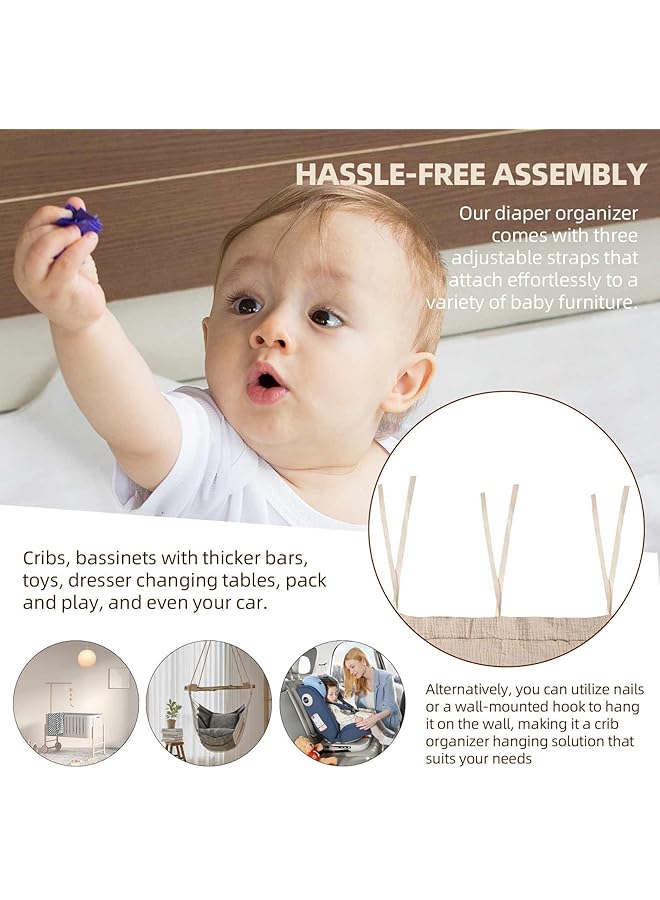Excefore Diaper Caddy And Organizer For Changing Table And Crib Multi Functional Hanging Diaper Stacker Nursery Organizer For Cribs Diaper Holder Baby Crib Hanging Storage And Accessories(Khaki 8"X15") - Image 4