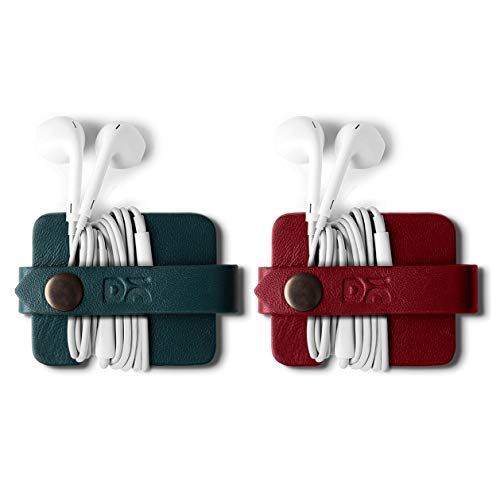 DailyObjects Flake Cable Wrap for Cables/Chords/Wires | Wire Winder, Headphones Holder, Mini Clip Organiser | Made, Dry-Milled Leather | (Green and Red) - Set of 2 - Image 1
