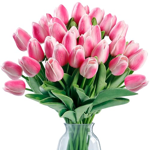 Sggvecsy 15 Pcs Fake Tulips Artificial Flowers Real Touch PU Faux Flowers Tulip Stems for Wedding Spring Bouquet Floral Arrangement Home Party Office Decorations for Mothers Day Rose Pink - Image 1
