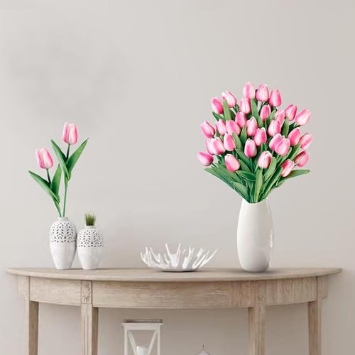 Sggvecsy 15 Pcs Fake Tulips Artificial Flowers Real Touch PU Faux Flowers Tulip Stems for Wedding Spring Bouquet Floral Arrangement Home Party Office Decorations for Mothers Day Rose Pink - Image 3