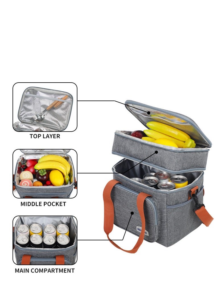 23L معزول الغداء مربع للرجال والنساء ، قابلة للتوسيع مزدوجة حقيبة الغداء المبردة ، خفيفة الوزن ، ومكافحة تسرب حقيبة يد ، حقيبة الأنسجة مع الجانب ، رمادي