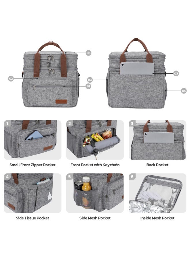 23L معزول الغداء مربع للرجال والنساء ، قابلة للتوسيع مزدوجة حقيبة الغداء المبردة ، خفيفة الوزن ، ومكافحة تسرب حقيبة يد ، حقيبة الأنسجة مع الجانب ، رمادي