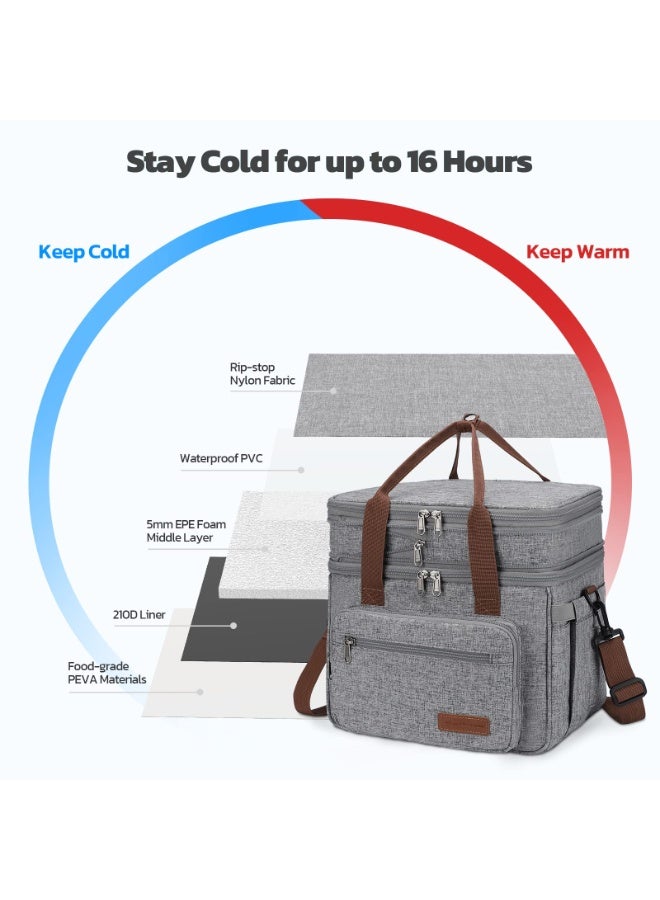 23L معزول الغداء مربع للرجال والنساء ، قابلة للتوسيع مزدوجة حقيبة الغداء المبردة ، خفيفة الوزن ، ومكافحة تسرب حقيبة يد ، حقيبة الأنسجة مع الجانب ، رمادي