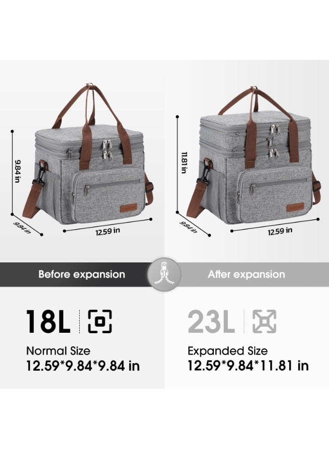 23L معزول الغداء مربع للرجال والنساء ، قابلة للتوسيع مزدوجة حقيبة الغداء المبردة ، خفيفة الوزن ، ومكافحة تسرب حقيبة يد ، حقيبة الأنسجة مع الجانب ، رمادي