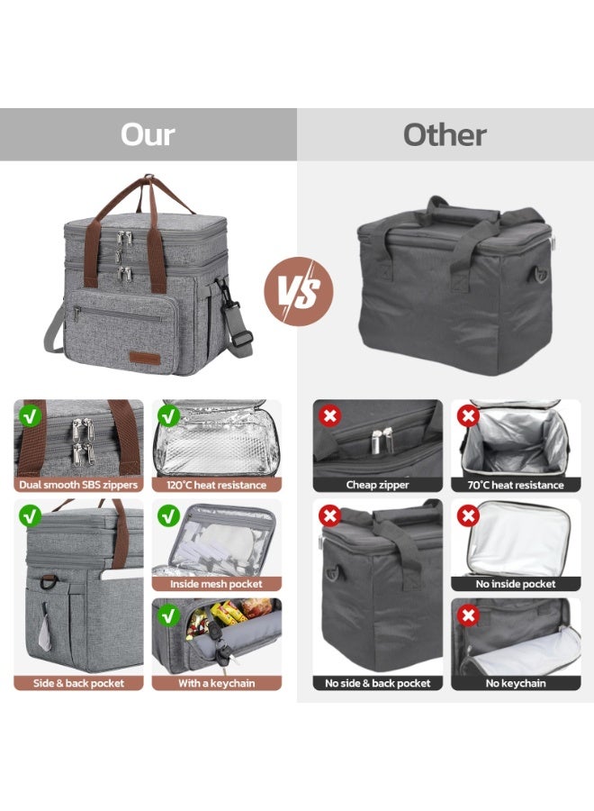 23L معزول الغداء مربع للرجال والنساء ، قابلة للتوسيع مزدوجة حقيبة الغداء المبردة ، خفيفة الوزن ، ومكافحة تسرب حقيبة يد ، حقيبة الأنسجة مع الجانب ، رمادي