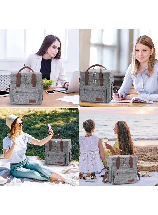 23L معزول الغداء مربع للرجال والنساء ، قابلة للتوسيع مزدوجة حقيبة الغداء المبردة ، خفيفة الوزن ، ومكافحة تسرب حقيبة يد ، حقيبة الأنسجة مع الجانب ، رمادي