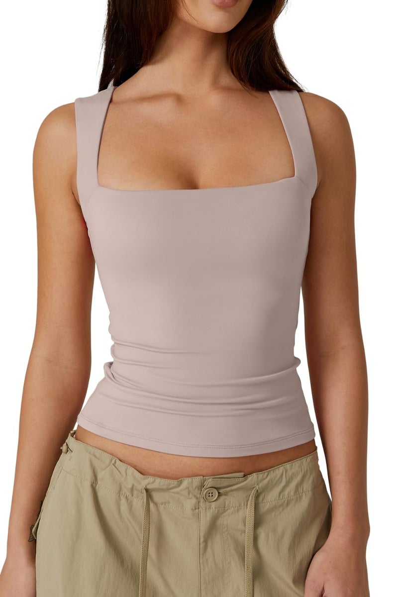 QINSEN Womens Sleeveless Square Neck Casual Basic Slim Fit Fitted Tank Top Pink XS - Image 1