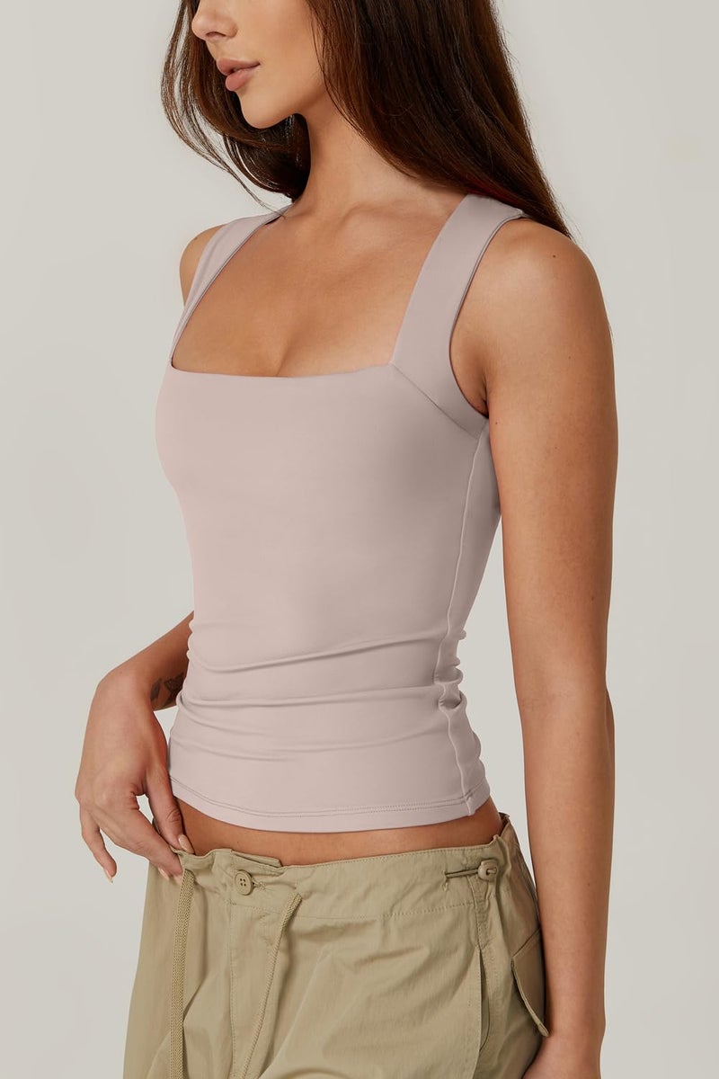 QINSEN Womens Sleeveless Square Neck Casual Basic Slim Fit Fitted Tank Top Pink XS - Image 2