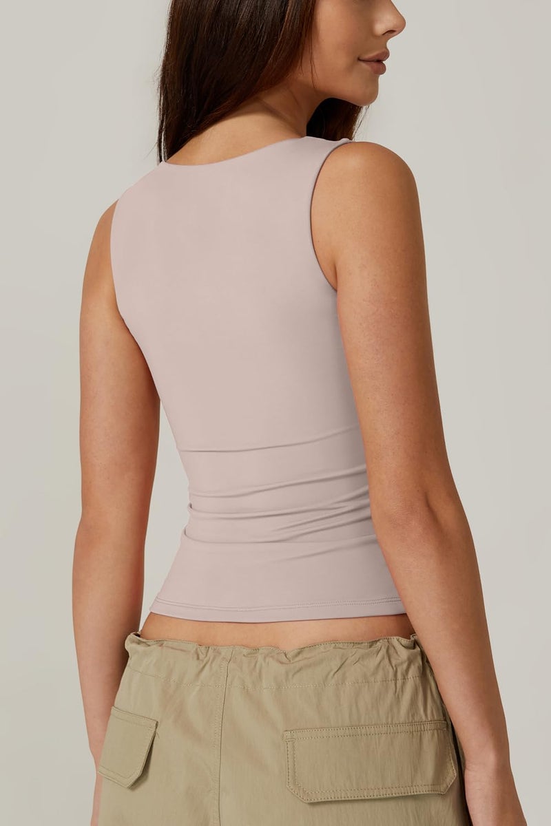 QINSEN Womens Sleeveless Square Neck Casual Basic Slim Fit Fitted Tank Top Pink XS - Image 4