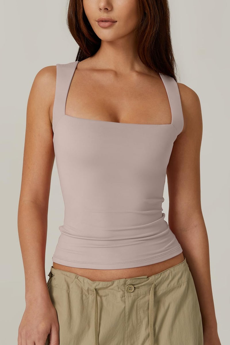 QINSEN Womens Sleeveless Square Neck Casual Basic Slim Fit Fitted Tank Top Pink XS - Image 3