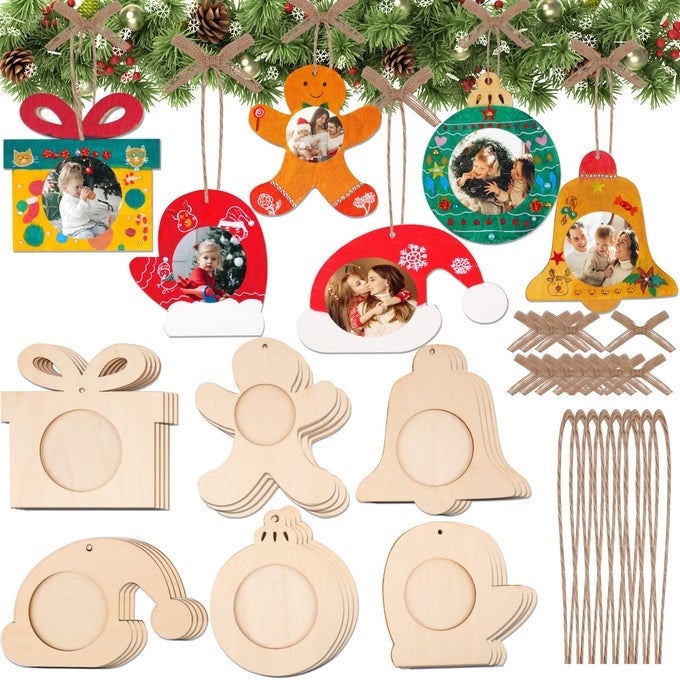 Christmas Photo Frame Ornaments DIY Unfinished Wood Picture Frame Ornaments Craft Xmas Themed Frame Kits for Kids Painting Decor Holiday Party Projects Activities 12Pcs