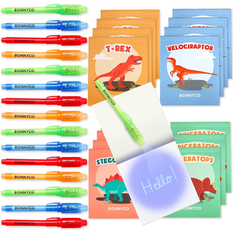 Bonnyco Invisible Ink Pen And Notebook Pack 16 Dinosaur Party Favors For Kids  Magic Spy Pen Goodie Bags Stuffers For Kids  Dinosaur Birthday Party Supplies  Goody Bag Stuffers Return Gifts Prizes - Image 1
