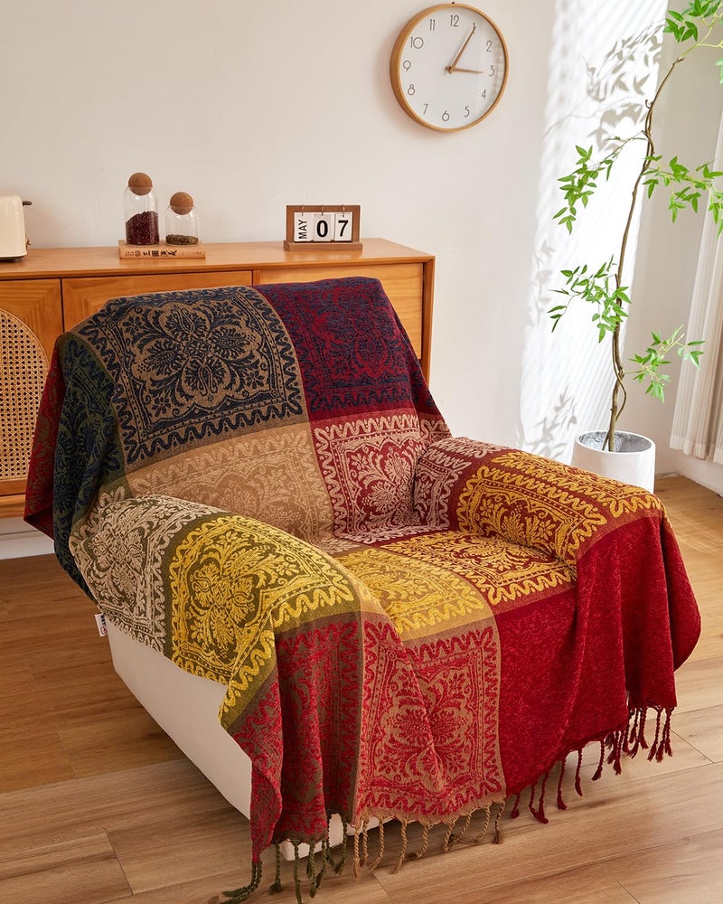 AIVIA Boho Throw Blanket, Chenille Jacquard Colorful Bohemian Chair Recliner Furniture Cover Aztec Hippie Throws Loveseat Sofa Blankets (60" x 75", Red Green Navy Yellow) - Image 1