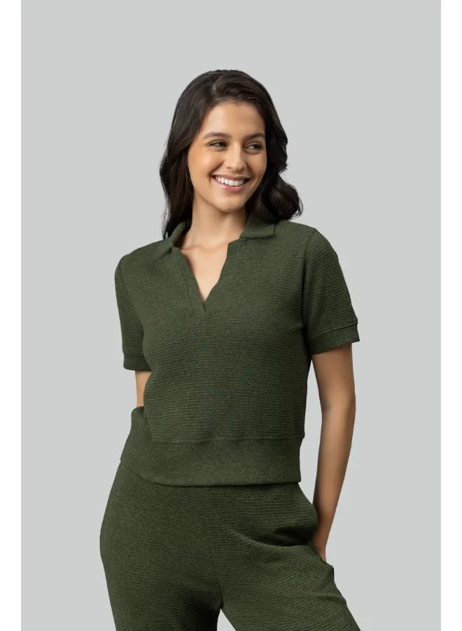 NeceSera Olive Ottoman Rib Polo Top