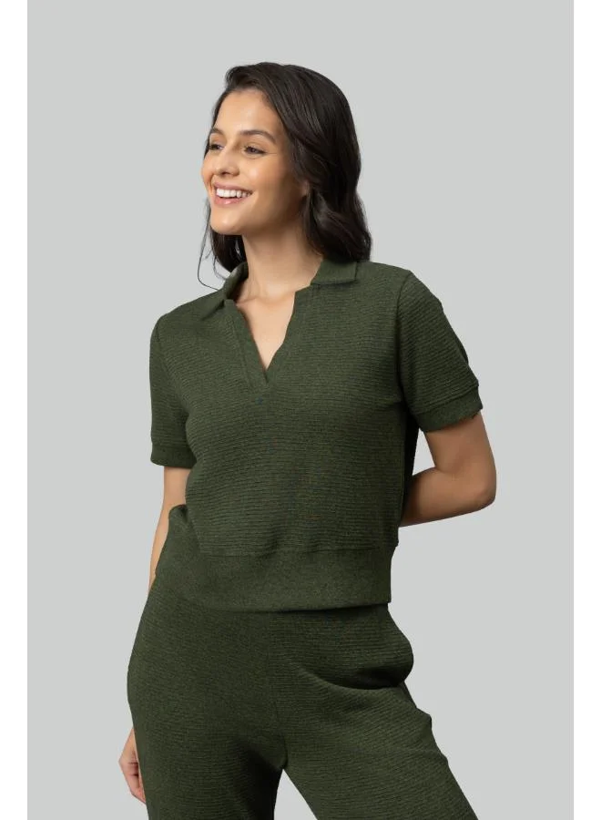 NeceSera Olive Ottoman Rib Polo Top