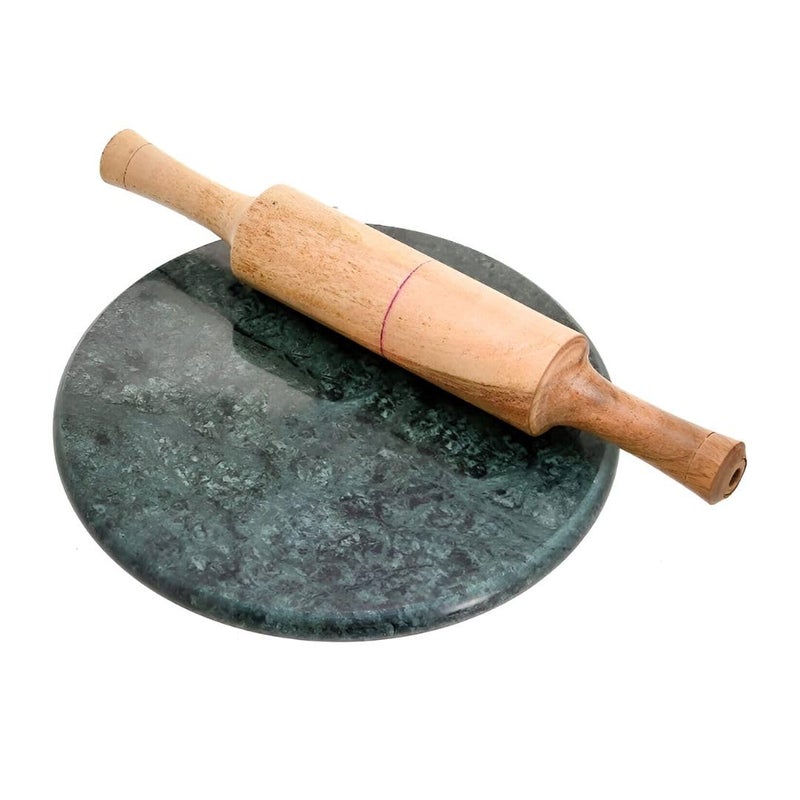 CHULO Marble Chakla Belan Set roti Maker chakla belan for Kitchen Combo Pack Green Marble Chakla 10 in Wooden Belan 12 in SizeRolling PinRoti Maker BoardPhulka Chapati Maker for Home and Kitchen - Image 1