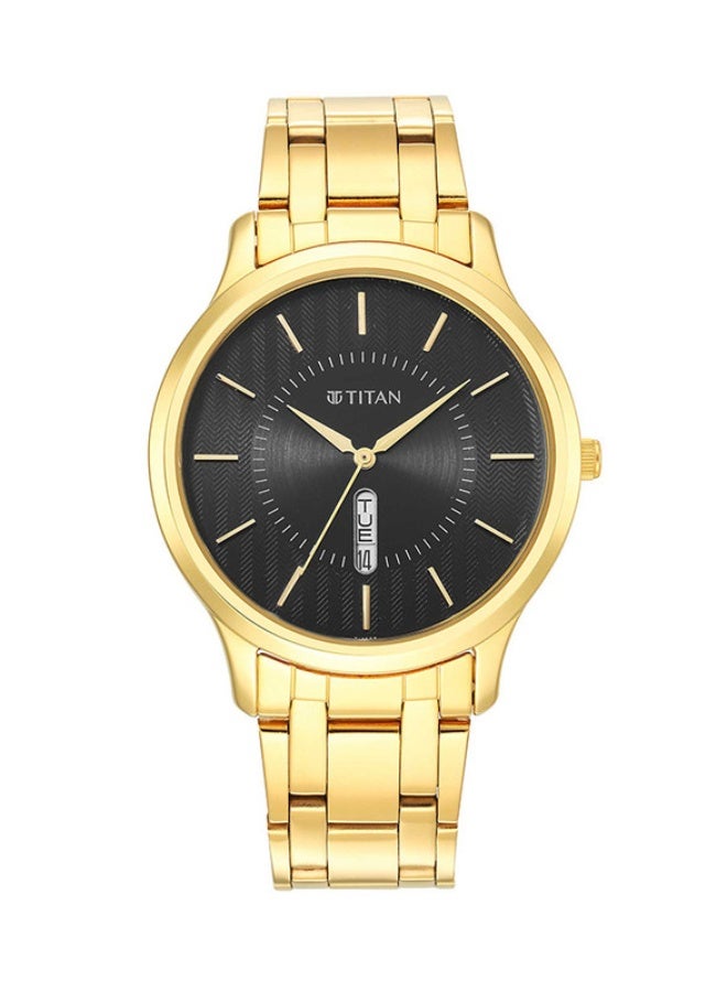 TITAN ساعة تيتان كاريشما التناظرية ذات القرص الأسود المستدير بحزام من الفولاذ المقاوم للصدأ الذهبي للرجال-1825YM02 - Image 1