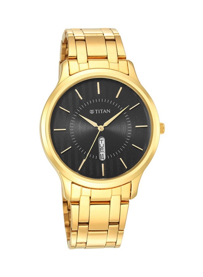 TITAN ساعة تيتان كاريشما التناظرية ذات القرص الأسود المستدير بحزام من الفولاذ المقاوم للصدأ الذهبي للرجال-1825YM02 - Image 2