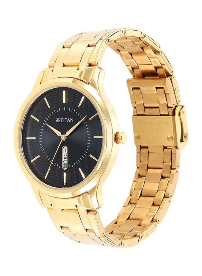 TITAN ساعة تيتان كاريشما التناظرية ذات القرص الأسود المستدير بحزام من الفولاذ المقاوم للصدأ الذهبي للرجال-1825YM02 - Image 3