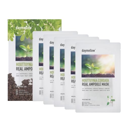 daymellow Sheet Mask 5PACK, Houttuynia Cordata Real Ampoule Masks, Face Sheet Mask, Heartleaf, Panthenol, Tea Tree, Hydrating, Acne, Soothes, Redness, Deep Moisturizing, Korean Skincare - Image 1