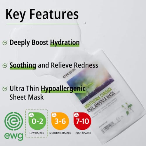 daymellow Sheet Mask 5PACK, Houttuynia Cordata Real Ampoule Masks, Face Sheet Mask, Heartleaf, Panthenol, Tea Tree, Hydrating, Acne, Soothes, Redness, Deep Moisturizing, Korean Skincare - Image 2