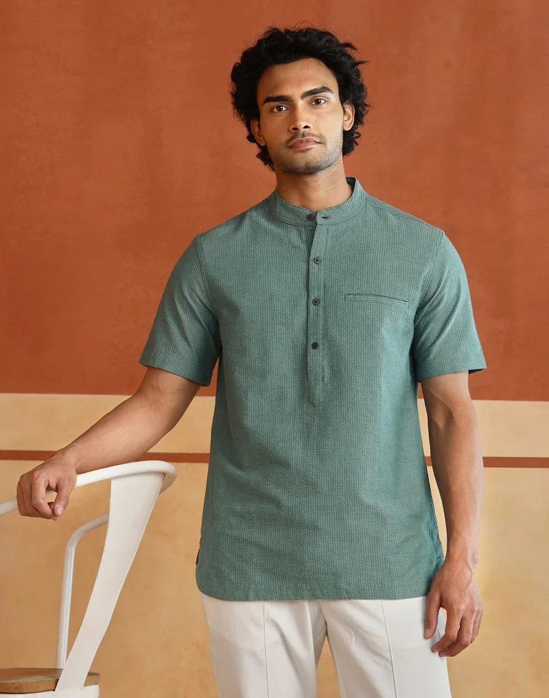 Fabindia Teal Cotton Striped Slim Fit Mid Placket Shirt