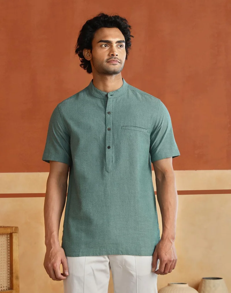 Fabindia Teal Cotton Striped Slim Fit Mid Placket Shirt