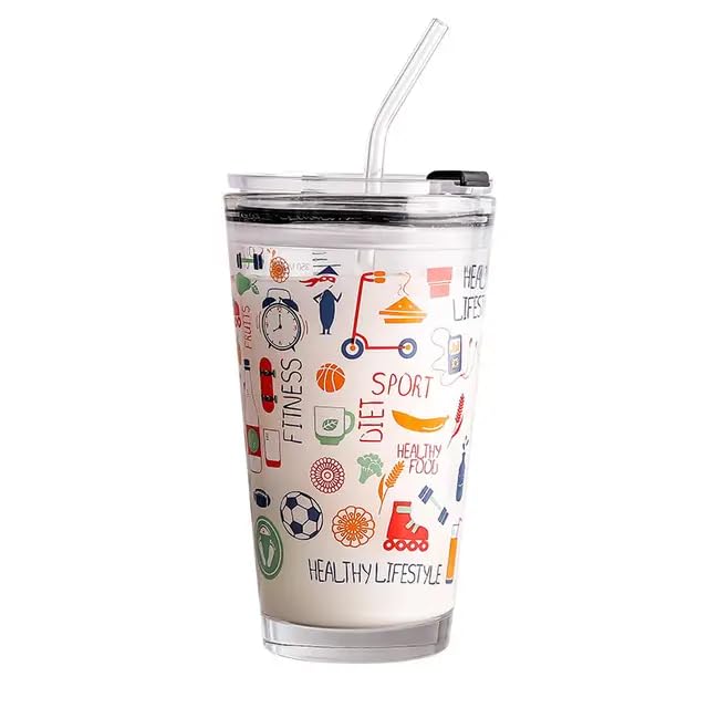 KELVEE Random Design 400 ml Cartoon PatternCreative Multipurpose Drinking Glass Measuring MugCup with Silicone Straw and Glass Lid Drink for MilkTeaCoffeeJuiceThick Shake Cup Mug - Image 1