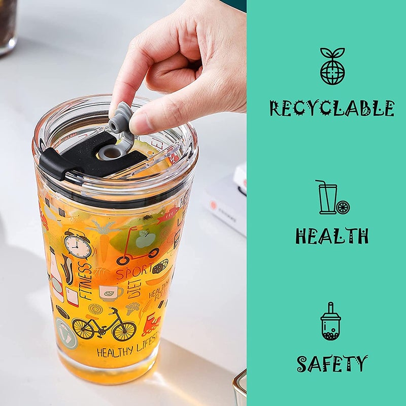 KELVEE Random Design 400 ml Cartoon PatternCreative Multipurpose Drinking Glass Measuring MugCup with Silicone Straw and Glass Lid Drink for MilkTeaCoffeeJuiceThick Shake Cup Mug - Image 5