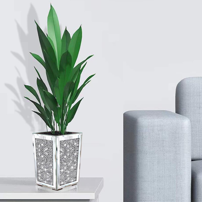 Meetart Crushed Diamond Mirrored Planter Crystal Silver Glass Decorative Mirror Luxury Flower Pot with Drainage Hole and Tray for All House Plants Succulents Flowers and Cactus