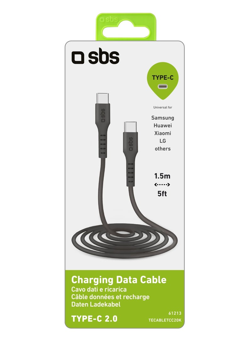 SBS كابل لنقل البيانات والشحن، مزود بموصلين Type-C 2.0، طول 1.5 متر، لون أسود مناسب لأجهزة Apple وSamsung وHuawei وXiaomi وLG وغيرها. - Image 2