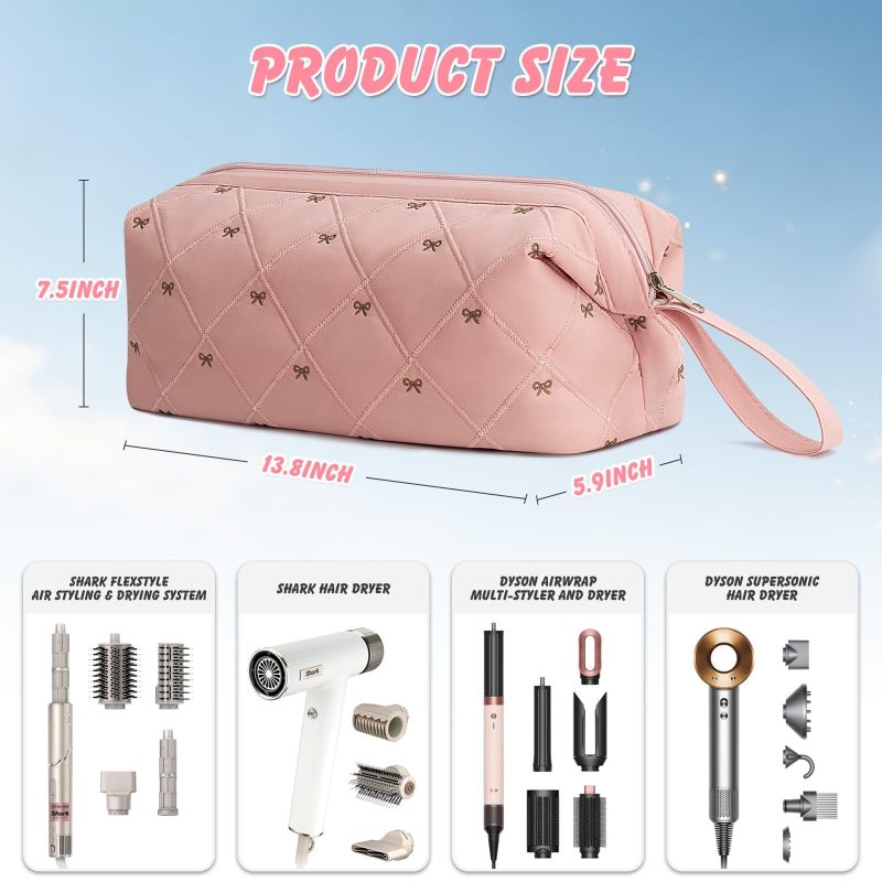 حقيبة سفر 36x19x15 سم نقشة فيونكة وردية - خفيفة الوزن 0.2 كجم حقيبة متينة من البوليستر لأدوات الشعر للمسافرين - Image 2