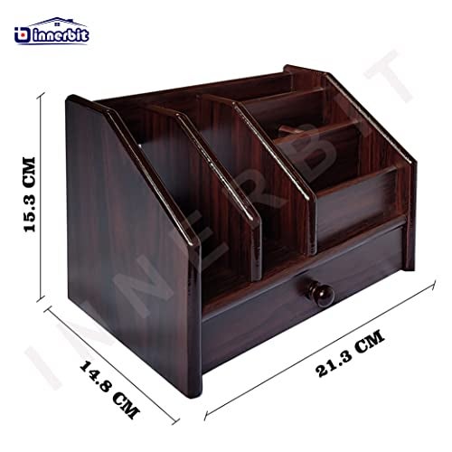 innerbit® 6 in 1 Wooden Pen Stand with Drawer, Visiting Card, Mobile, Remote Control Holder, Book Diary Shelf Multipurpose Desk Organizer for Home, Office & Study Table, Stationery Corporate Gift - Image 2