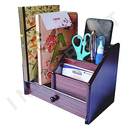 innerbit® 6 in 1 Wooden Pen Stand with Drawer, Visiting Card, Mobile, Remote Control Holder, Book Diary Shelf Multipurpose Desk Organizer for Home, Office & Study Table, Stationery Corporate Gift - Image 4