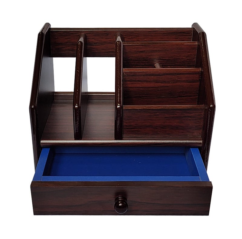 innerbit® 6 in 1 Wooden Pen Stand with Drawer, Visiting Card, Mobile, Remote Control Holder, Book Diary Shelf Multipurpose Desk Organizer for Home, Office & Study Table, Stationery Corporate Gift - Image 1