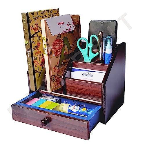 innerbit® 6 in 1 Wooden Pen Stand with Drawer, Visiting Card, Mobile, Remote Control Holder, Book Diary Shelf Multipurpose Desk Organizer for Home, Office & Study Table, Stationery Corporate Gift - Image 5