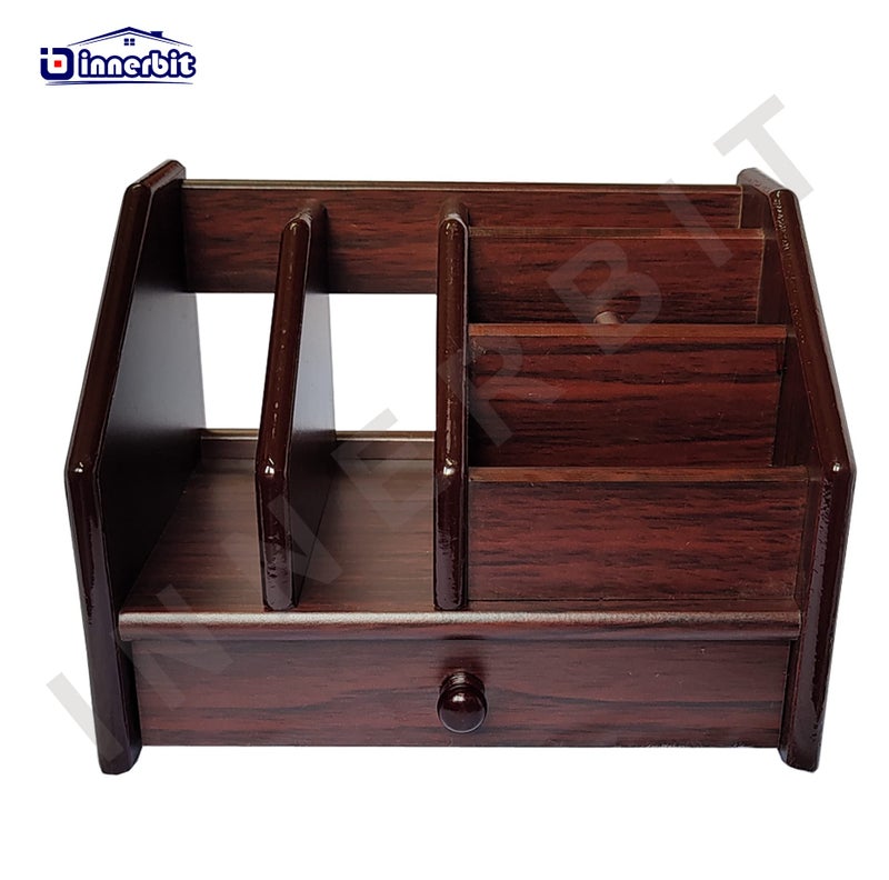 innerbit® 6 in 1 Wooden Pen Stand with Drawer, Visiting Card, Mobile, Remote Control Holder, Book Diary Shelf Multipurpose Desk Organizer for Home, Office & Study Table, Stationery Corporate Gift - Image 3