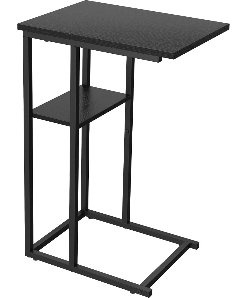 Yusong C Shaped End Table 2 Tier Side Tables Slide Under Sofa Couch Bed Small TV Tray Bedside Table for Small Spaces Living Room Bedroom Black