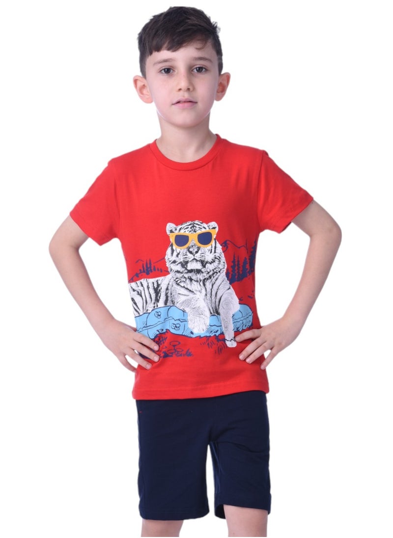 victor and jane 2pc-Set - Tiger T-shirt & Shorts-Red/Navy  - Image 1