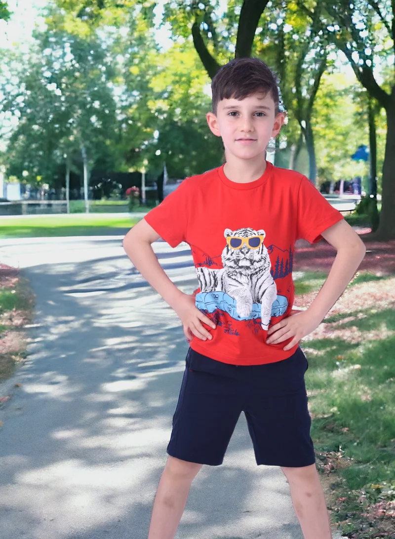Victor And Jane  2pc-Set - Tiger T-shirt & Shorts-Red/Navy for Men | Best Price UAE