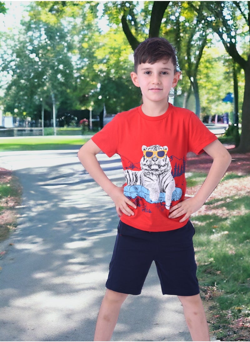 victor and jane 2pc-Set - Tiger T-shirt & Shorts-Red/Navy  - Image 3